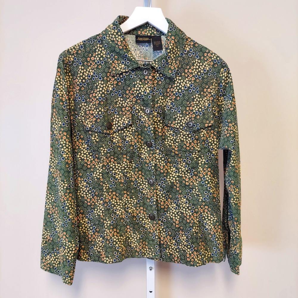 Sara‎ Studio Button Up Shirt Jacket Corduroy Green Floral Long Sleeve Size L